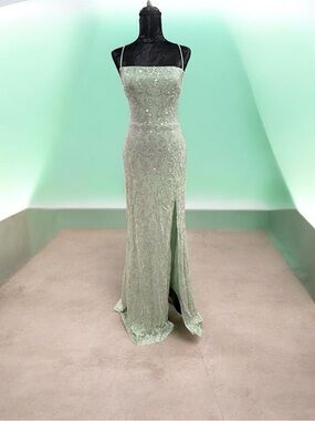 Windsor Beaded Mint Green Spaghetti Strap Maxi Gown